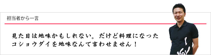 担当者から一言：見た目は地味かもしれない。だけど料理になったコショウダイを地味なんて言わせません！