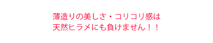 薄造りの美しさ・コリコリ感は天然ヒラメにも負けません!!